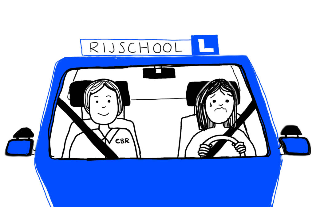 Rijexamen met gestreste leerling naast examinator in de auto